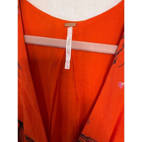 Free People Midi Dress Orange Floral Print Size 4 Pockets Boho Chic - Picture 4 of 5